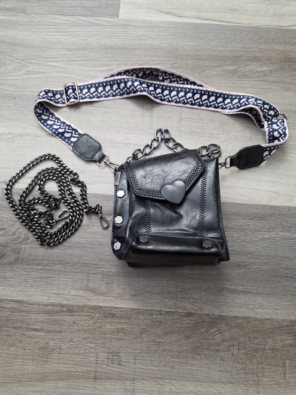 Black Mini Crossbody Bag with Patterned Strap